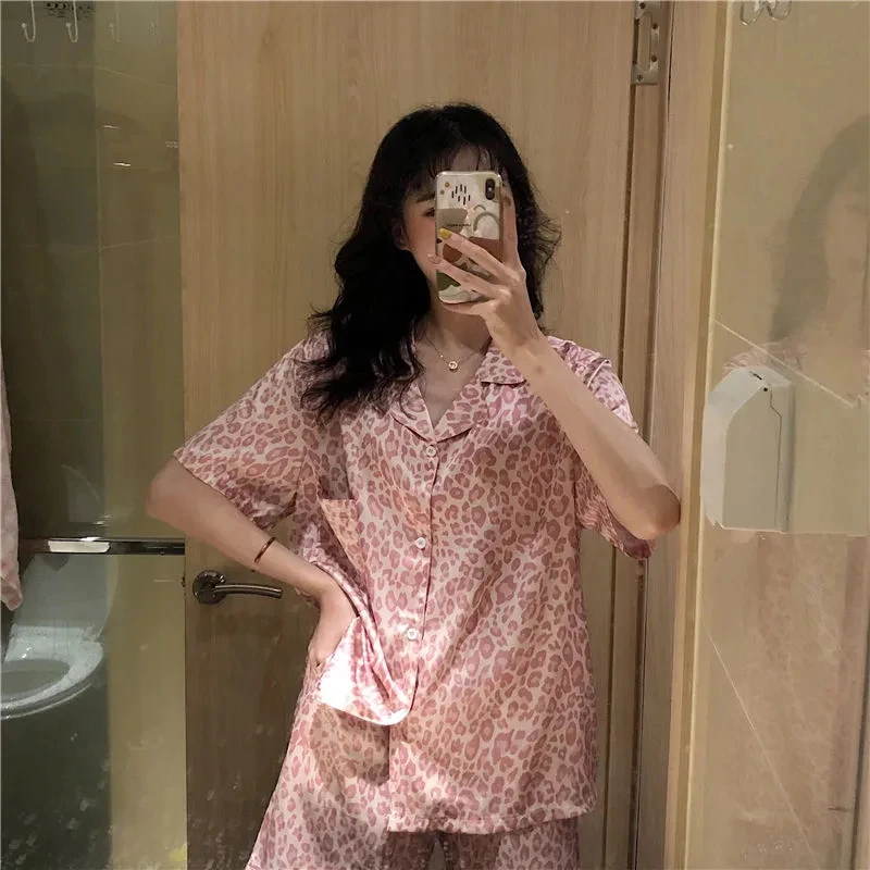 

Leopard-Print Pajamas Women'S 2 Piece Set Summer Clothes For Women Silk Short-Sleeved Shorts Thin Satin Home Dress Pantsuits