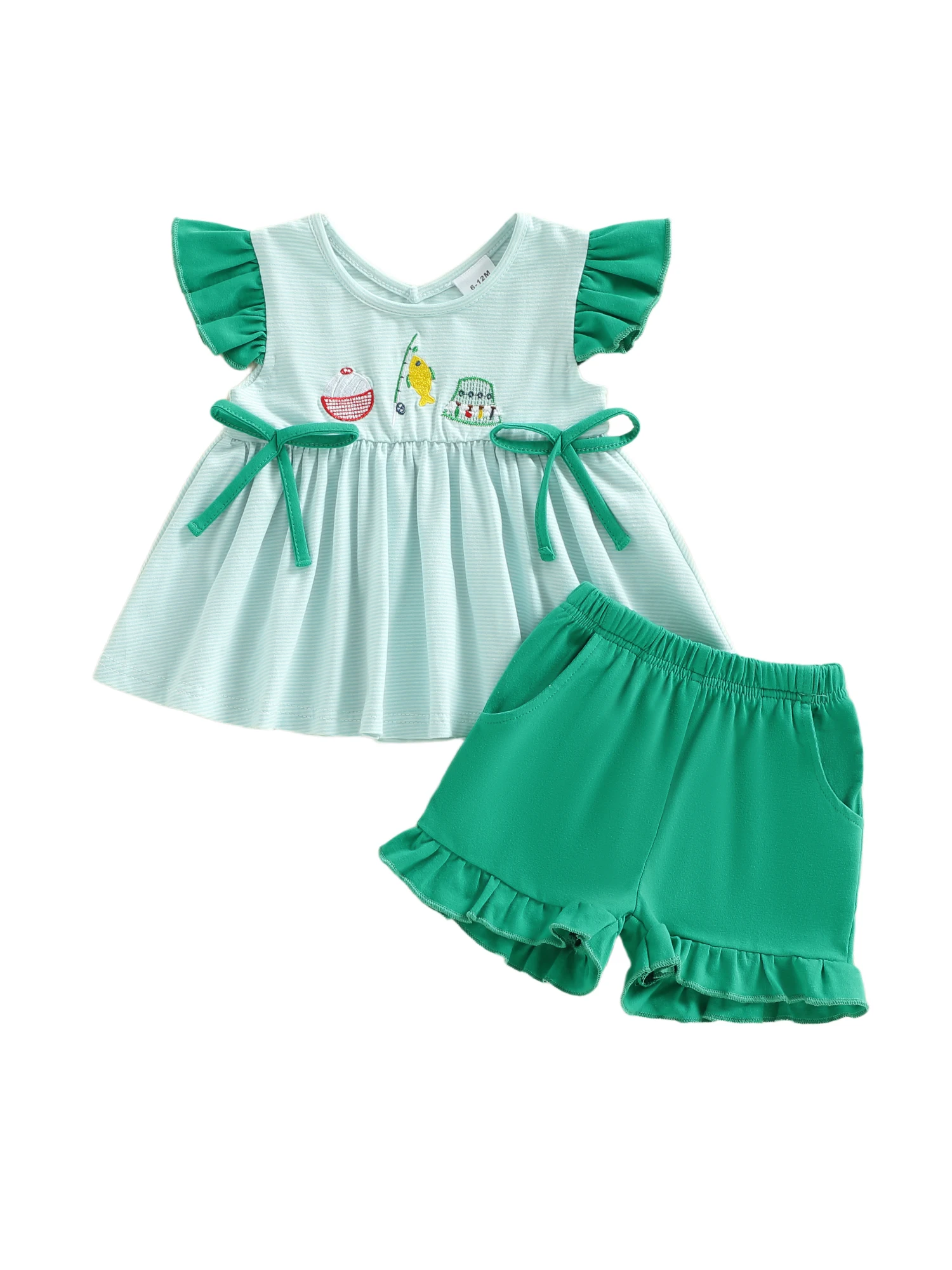 2Pcs Baby Girls Summer Clothes Short Sleeve Heart Striped Print Tops and Elastic Waist Shorts Set with Bow Detail