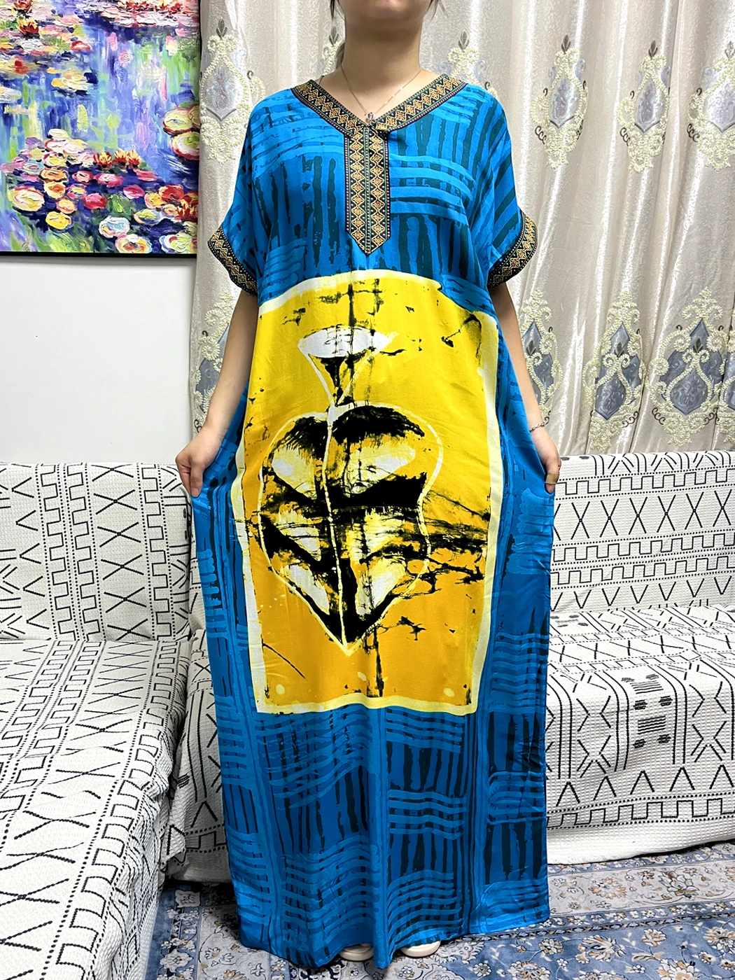 Abayas For Women 2023 Summer V-neck Cotton Printed Pattern Loose Fit Femme Robe African Nigeria Islam Novelty Design With Turban