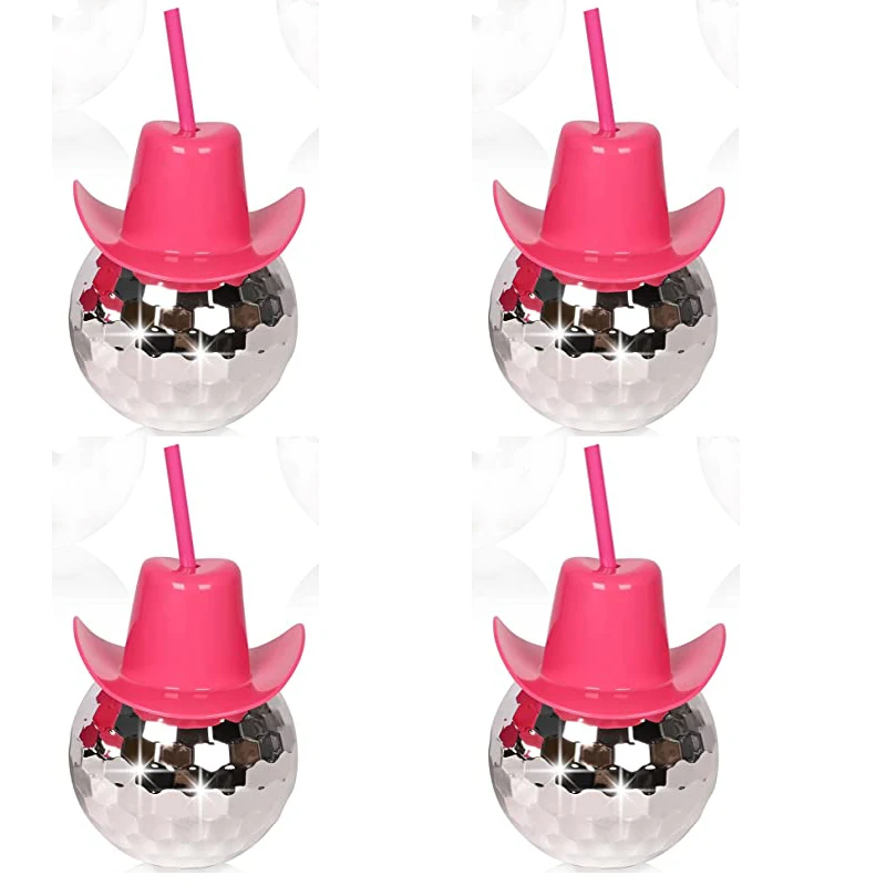 Disco Ball Pink Cowgirl Hat Cups with Straws Cowboy Western Party 20oz
