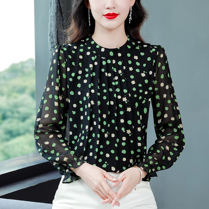 

Print Blouse Women 2023 Autumn New Fashion Polka Dot Shirt Long Flare Sleeve Tops Casual Stand Collar Loose Clothes Blusas 28936