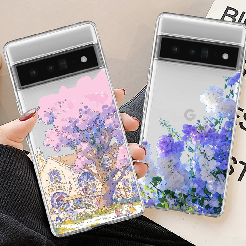 Pink Purple Floral Landscape Phone Case - Clear Soft TPU Back Cover