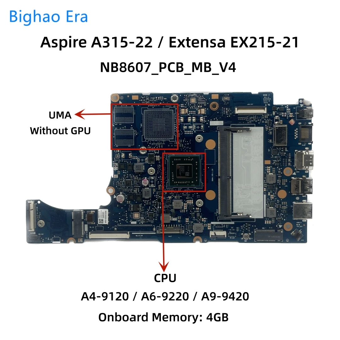Placa-mãe Portátil para Acer Aspire A31522g Ex215-21 A315-22 A4-9120 A6-9220 A9-9420 Cpu 4gb de Ram Uma Nb8607 Nb.he811.002