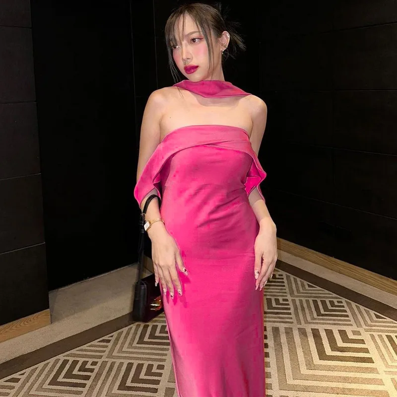 Elegante vestido largo sin espalda para mujer, ajustado, a la moda, con hombros descubiertos, vestido de fiesta de noche con cremallera, vestido de fiesta liso 2025