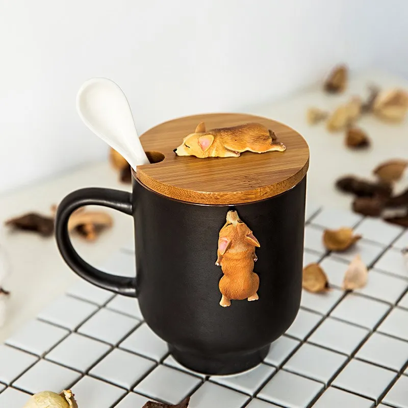 

HF Large Capacity Creative Cartoon 3D Corgi French Bulldog Animal Cute Dog Ceramic Cups Milk Breakfast Coffee Mug Gift