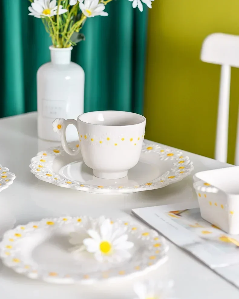 Daisy Dinner Set Ceramic Tableware Salad Soup Bowl Rice Dessert Dish Coffee Plate Cup Saucer Dinner Mug Set Dinnerware