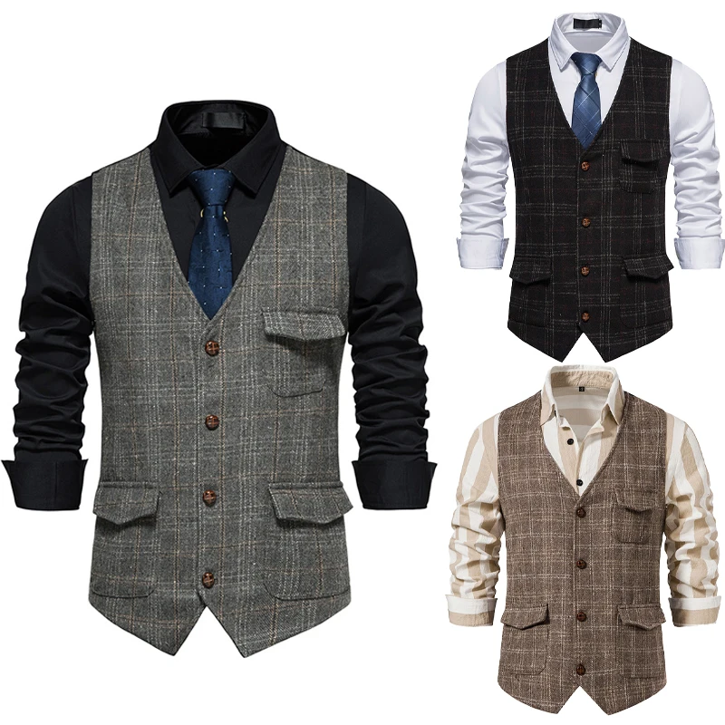

Men's Retro Suit Vest Fashion Casual Tweed Lapel Vest V-neck Single-breasted Plaid Formal Vests Men Clothing S-XXL