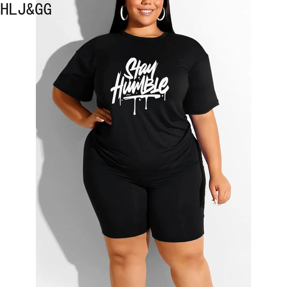 

HLJ&GG Casual Letter Printing Two Piece Sets Women Round Neck Short Sleeve Top And Biker Shorts Outfits Female 2pcs Tracksuits