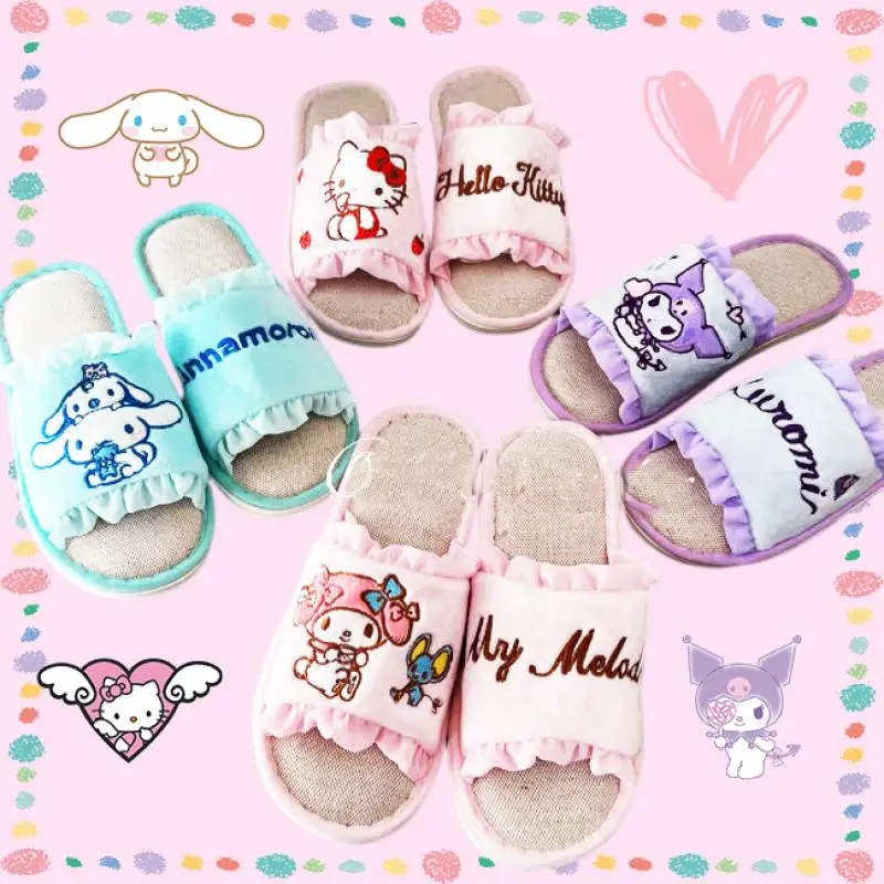

Sanrioed Slippers Flax Kawaii Summer Lace Home Non-Slip Soft Anime Cinnamoroll Hello Kitty Kuromi Lovely Kids Girls Gift Cute