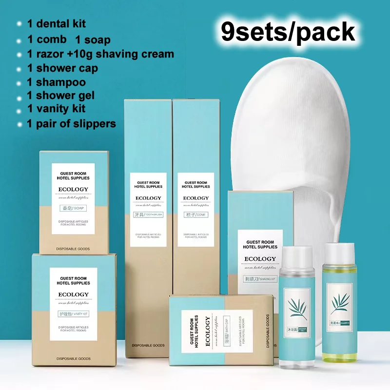 Travel Set 9pieces-1dental kit,1soap,1comb,1shampoo,1showergel,1razor kit,1shower cap,1 vinity,1pair of slippers