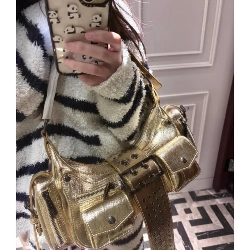 JIAERDI High Street Silver Y2k Shoulder Bags Women Rivet Pocket Chic Casual Underarm Bag Hot Girls Moto Biker Crossbody Bags New
