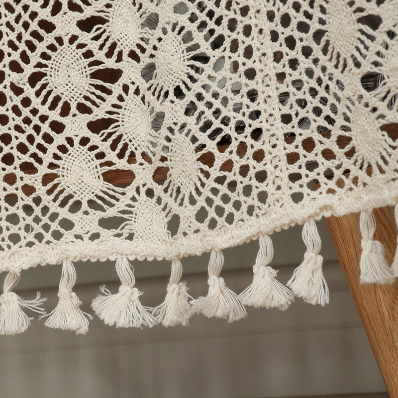 Crochet Lace with Tassel Half Curtain Short Curtain for Kitchen Window Cotton Cafe Small Valance Cabinet Cover Dust-proof Rustic