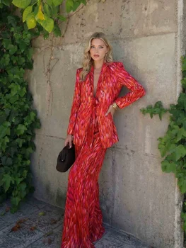 Print Two Piece Set Tie Neck Long Sleeves Shoulder Pads Slim Blazer Wide Leg Pants Elegant 2026 Summer All-match Women Outfits 1