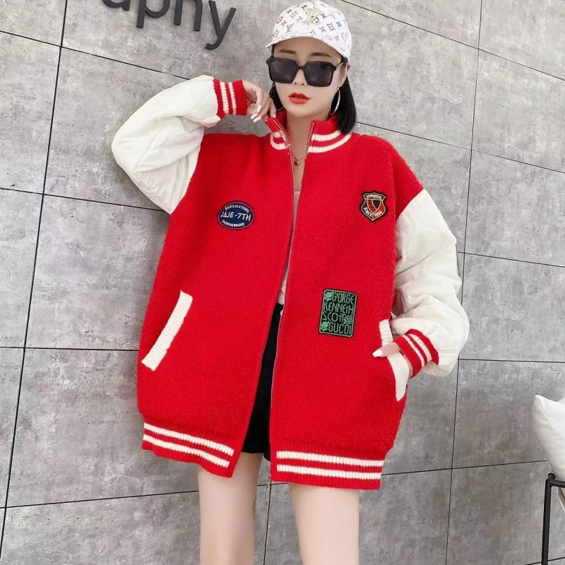 

Loose Lazy Autumn/Winter Coat Women 2023 New Patchwork Contrast Cotton Jacket Zipper Baseball Knit Cardigan Coat Sweater