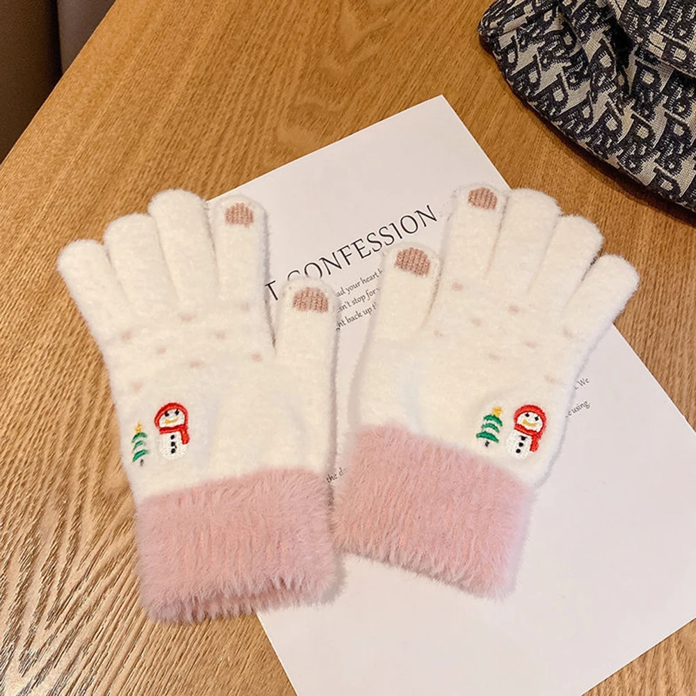 

Snowman Embroidery Crochet Woollen Glove Winter Warm Full Fingers Mittens Women Touch Screen Soft Furry Mittens Christmas Gifts