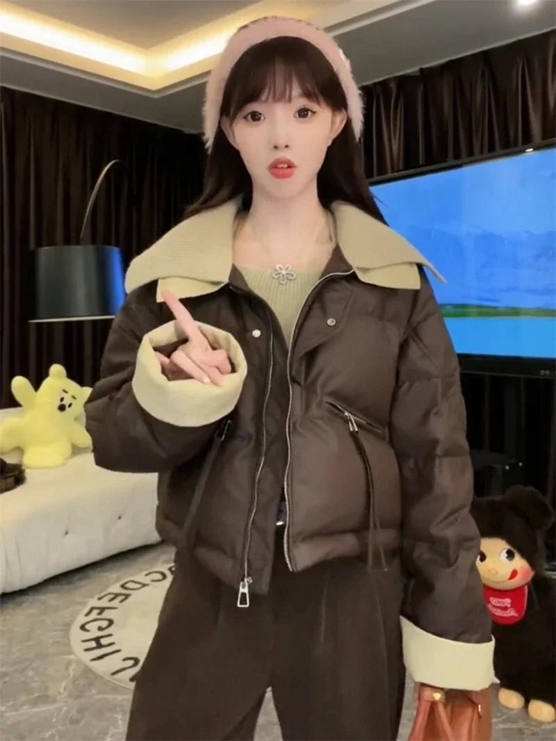 2025 Women Coffee Black Short Parkas Thicken Warm Long Sleeve Lapel Cotton Padded Coat Vintage Winter Student Jacket Streetwear