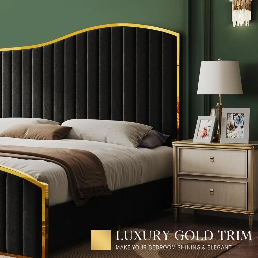 Queen Size Bed Frame, 61.4" High Headboard Platform Bed Velvet Upholstered with Gold Trim & Footboard/Wooden Slats 3