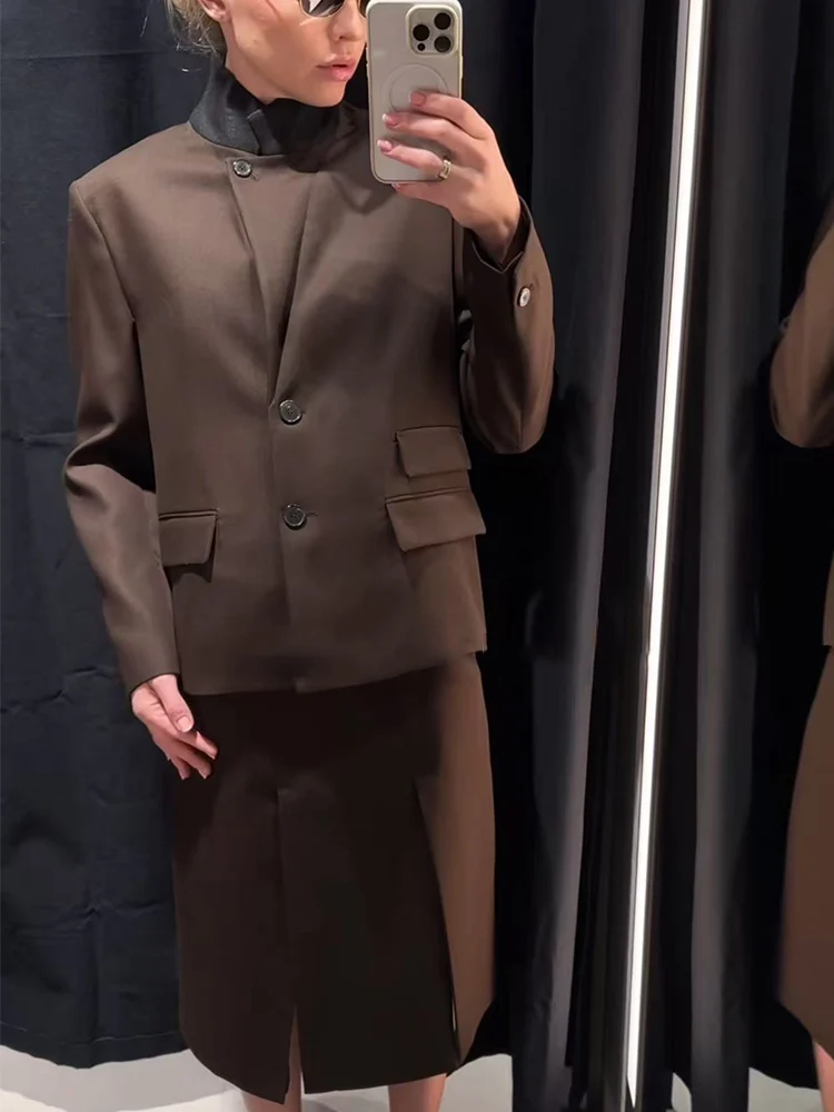 Office Ladies Midi Skirt 2 Piece Sets Spring Autumn Outfits Elegant Long Sleeve Blazer Chic Hem Slit Skirt Fashion Women Sets