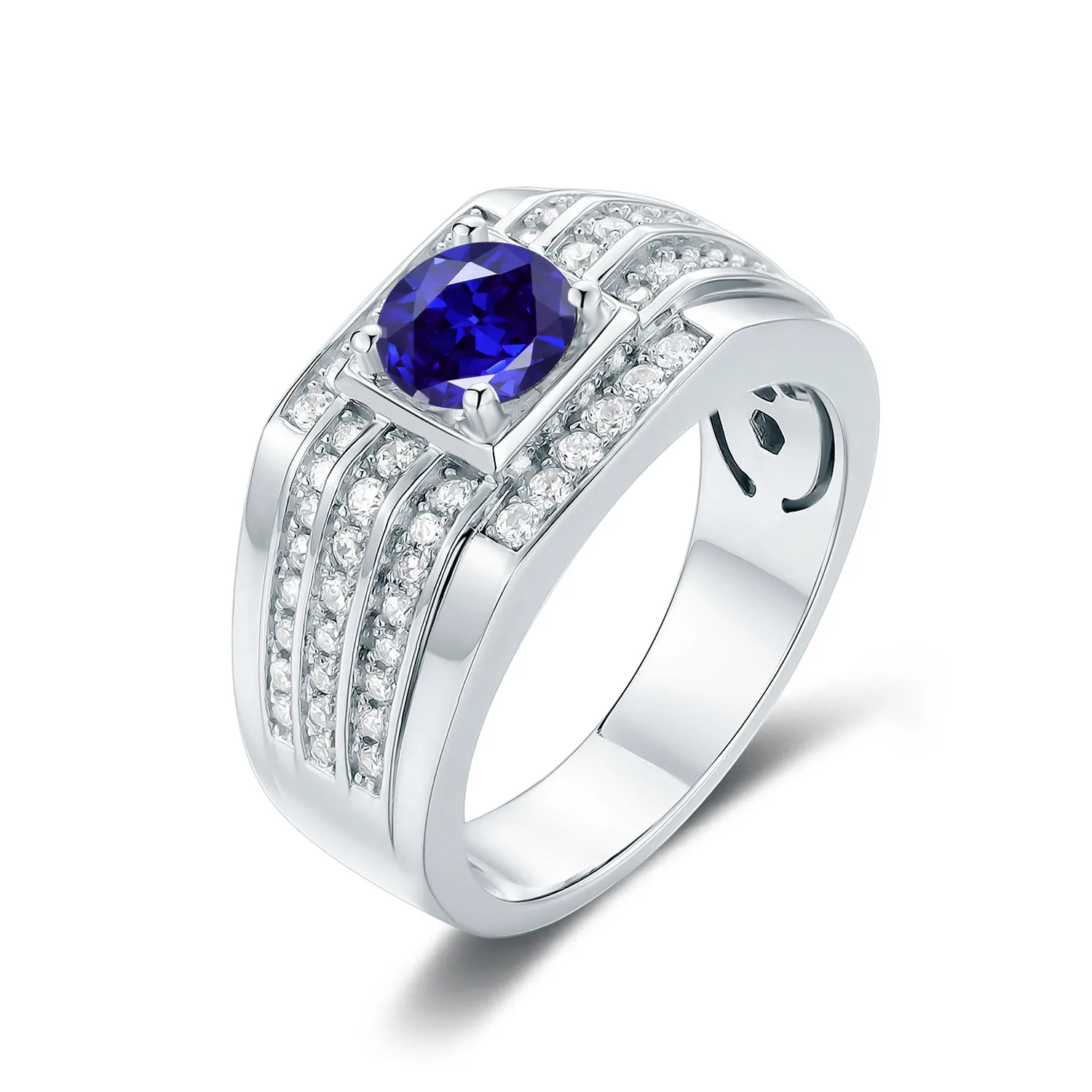 

GEM'S BALLET 925 Sterling Silver Blue Sapphire Ring For Men Wedding 1.37ct 6.5mm Round Lab Grown Sapphire Men's Party Ring