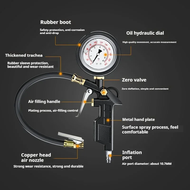 Auto Tire Pressure Gauge Pressure Gauge for Motorcycle Air Compressor Car Motorcycle SUV Inflator Pump Tools 0-220psi Self-locki