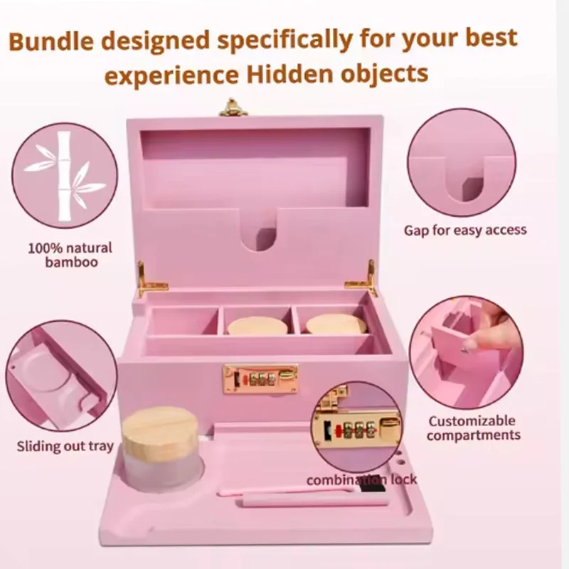 Large Pink Bamboo Wooden Herb Stash Box Rolling Tray Storage Container Lockable Storage Decorative Box 2