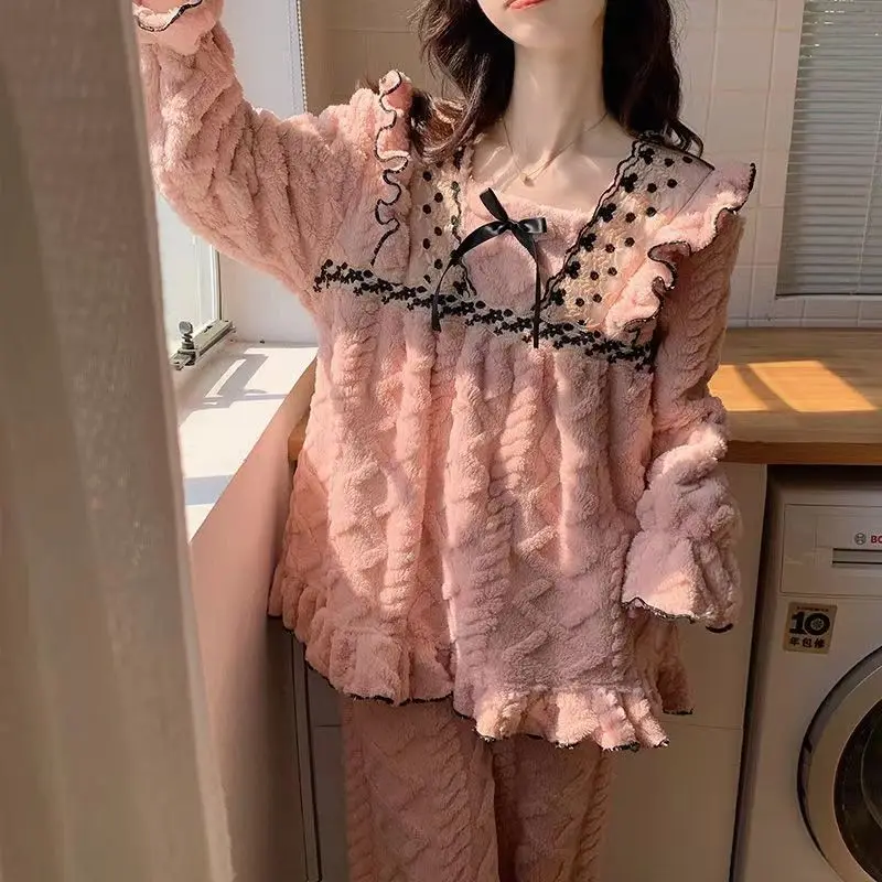 Square Neck Autumn/Winter Coral Velvet Pajama Lady Thickened Sweet and Lovely Flannel Homewear Two-piece Set Loungewear Women