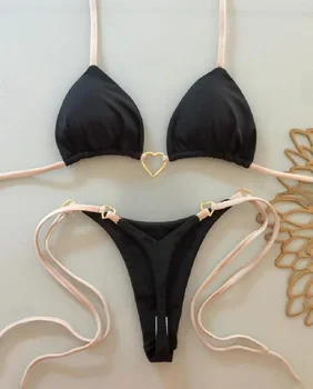 Sexy Halter Solid color Bikini Set Women's Swimsuit Two-piece Triangle Thong Swimwear Bathing Suit Brazilian Biquinis 3