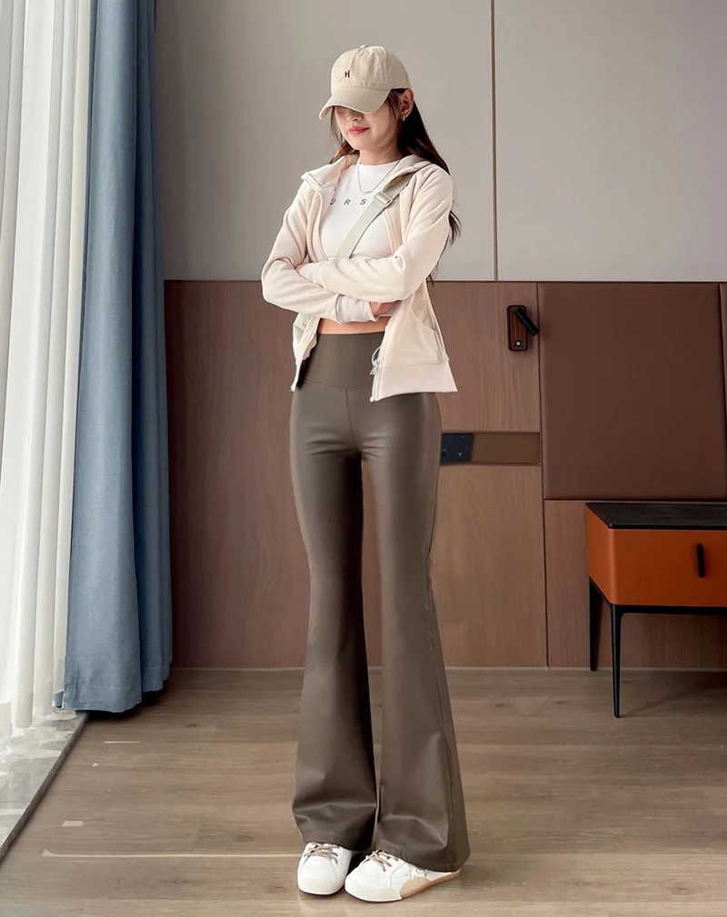 BIVIGAOS Autumn Winter Light Fleece Micro Flared Leather Pants Women's Fashion Tight Elastic PU Leather Splicing Flared Leggings