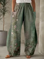 Plus Size 1XL-5XL Women Fashion Floral Printed Pleated Wide Leg Pants Female Casual High Waisted Pocket Loose Long Trousers - Image 2