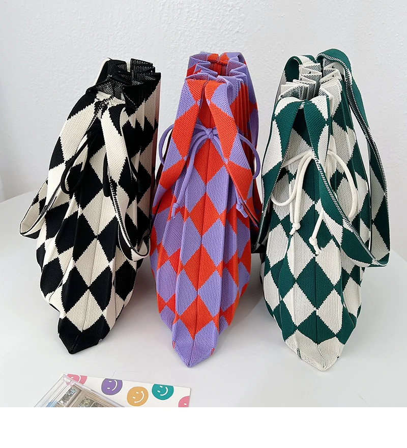 New 2023 Trend Plaid Foldable Diamond Lattice Casual Knit Tote Women's Novelty Handwoven Shopping Carryall Bag Soft Open Pocket