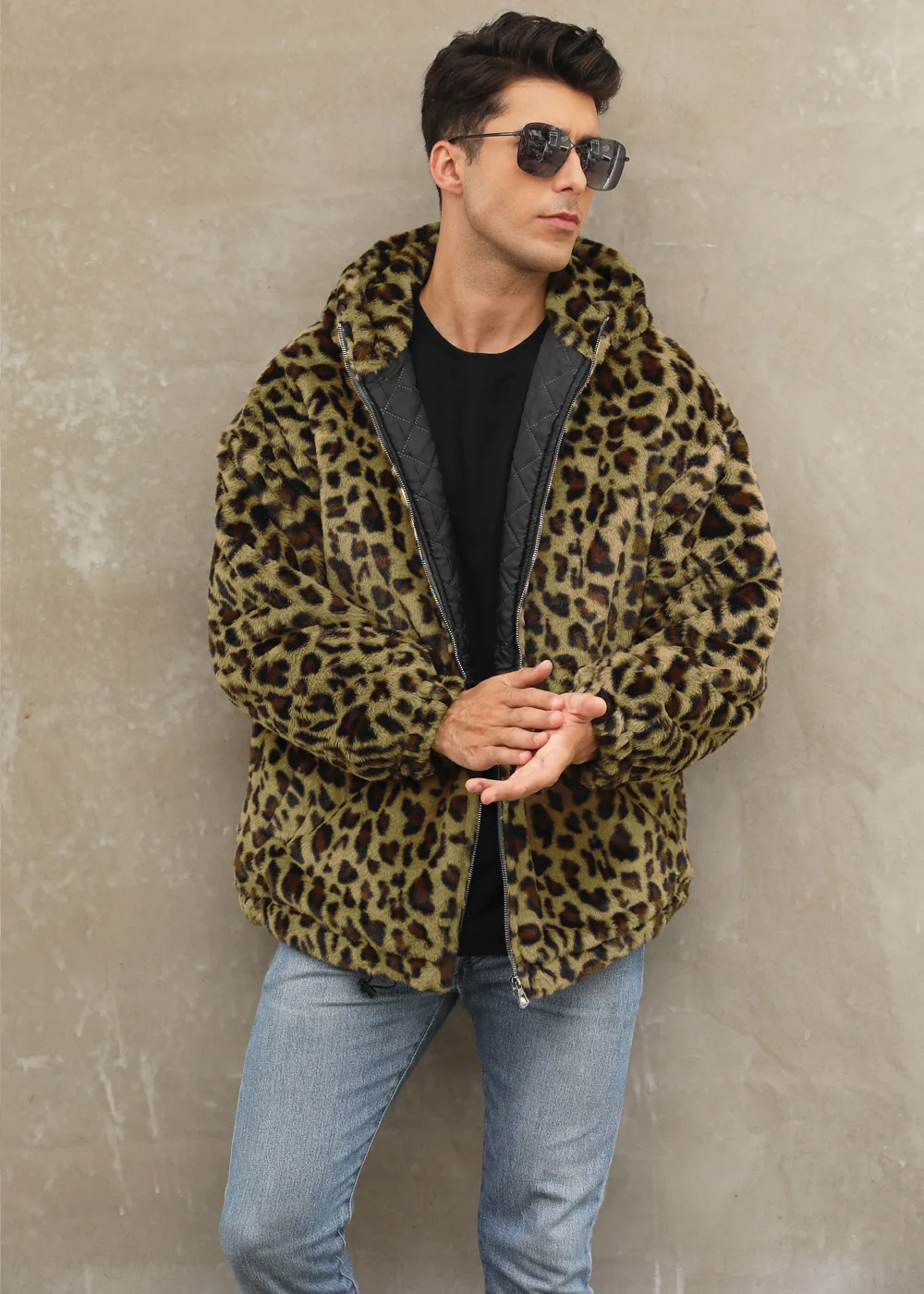 Autumn and Winter Warm Plush Leopard Print Jacket Imitation Fur Zipper Hooded Jacket for Men