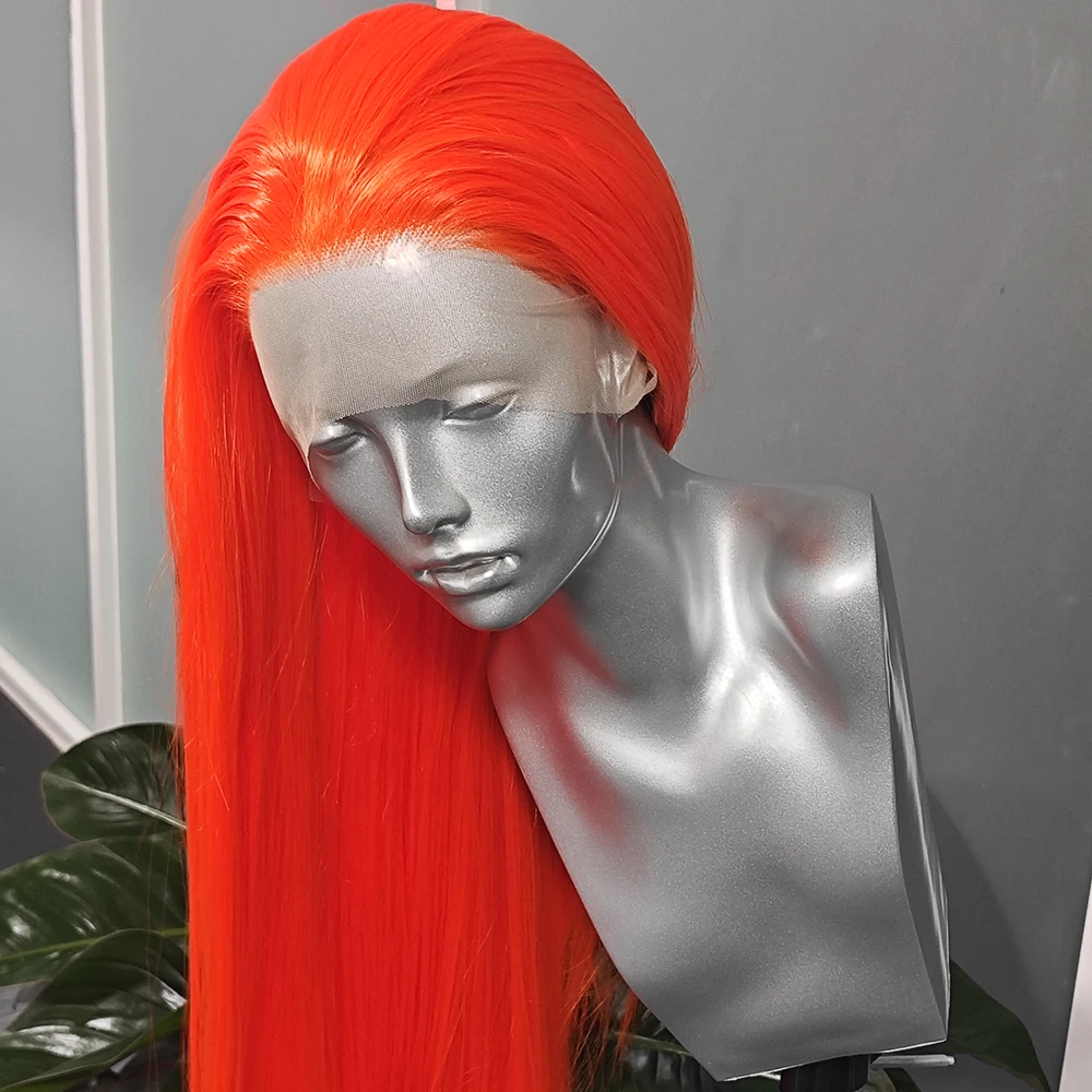 

RONGDUOYI Bright Orange Long Straight Synthetic Wig Natural Hairline Silk Straight Lace Front Heat Fiber Wigs Women Cosplay Use