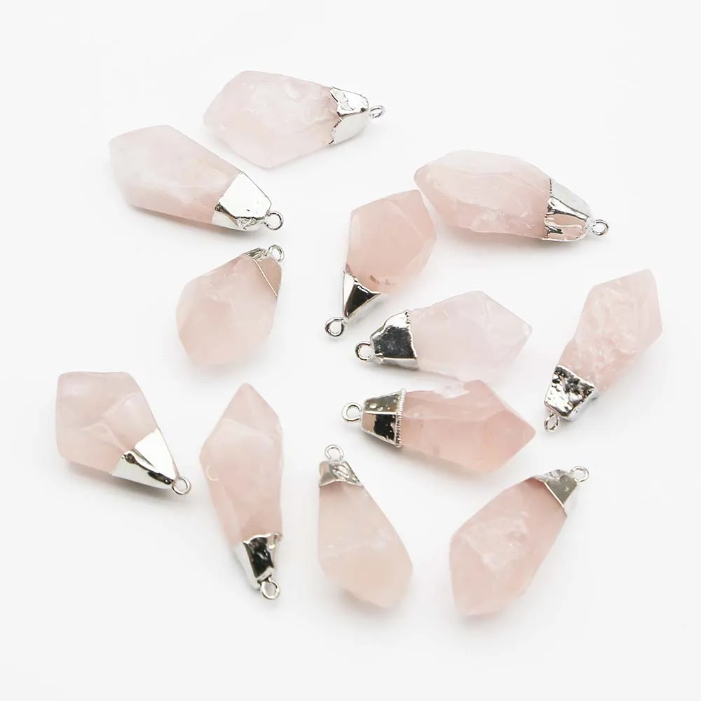Natural Stone Irregular Rose Quartz Silver Plated Pendant Mineral Healing Unisex Charms Jewelry Accessories Gift Wholesale 12Pcs