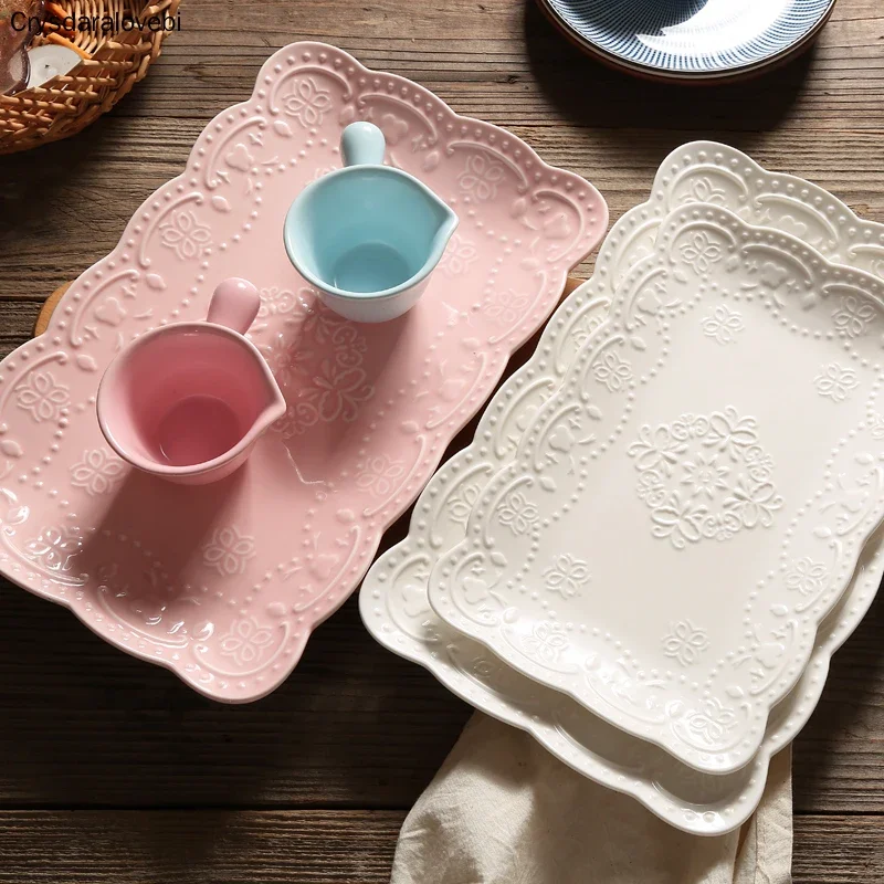 China Ceramic Square Plate Breakfast Dessert Dish Butterfly Plate Dish Afternoon Tea Fruit Tray Wedding European Embossed Home
