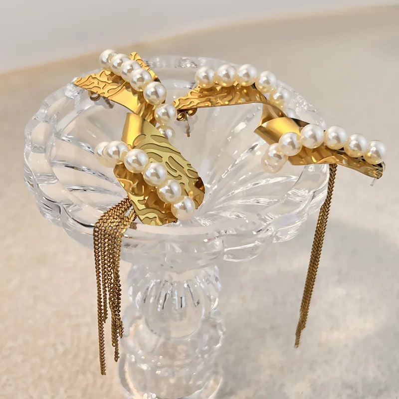 Temperament 18K Gold Plated Geometric Pearl Dangle Earrings Hypoallergenic Multi Layer Circular Ring Ear Hoops Statement Jewelry