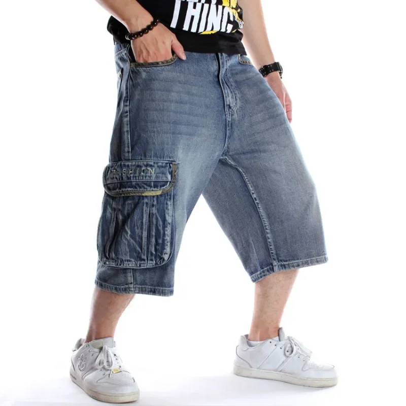Mens Plus Size Loose Baggy Denim Short Men Jeans Fashion Streetwear Hip Hop Long 3/4 Capri Cargo Shorts Pocket Bermuda Male Blue