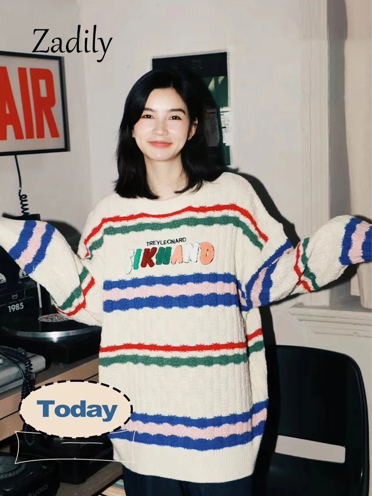 

Женский винтажный свитер с длинным рукавом, круглым вырезом и вышивкой в полоску