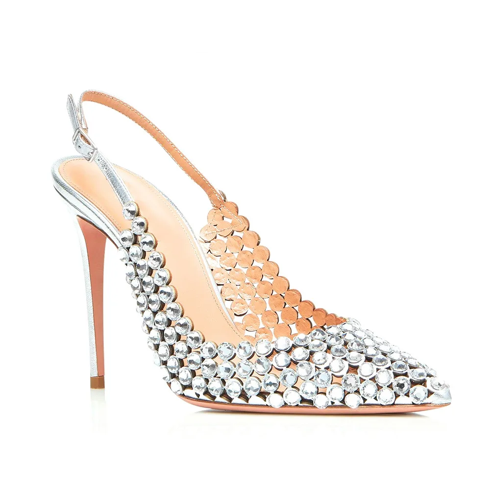 

Sexy Perforation Round Rhinestone Back Strap Sandals Pointed Toe Thin High Heel Summer Hollow Cut Shinner Crystal Banquet Pumps