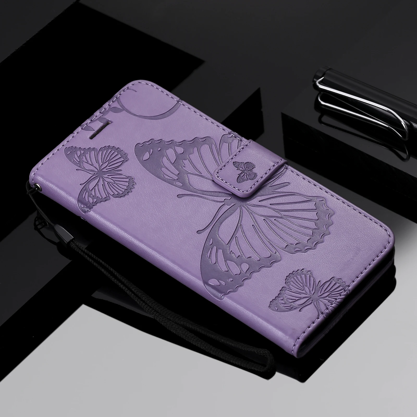 Elegant Leather Flip Wallet Case | Butterfly Embossed Design with Card Holder