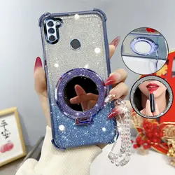 Glitter Shockproof Phone Case with Mirror Stand & Beaded Strap - Galaxy M11 (Blue)