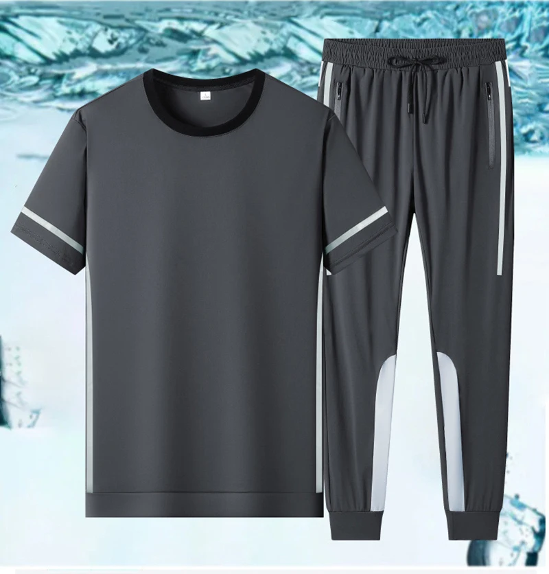 

Men's Casual Set Summer Fashion Nylon Ice Silk Short Sleeved T-shirt High-quality Men's Sports Pants Sport Two-piece Set Outside