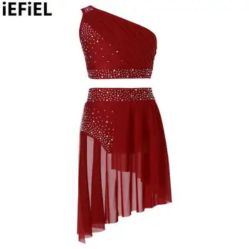 Kids Girls Lyrical Dance Skirts Outfit Shiny Rhinestone Ruched Sheer Mesh Overlay One Shoulder Crop Top with Skirted Briefs
