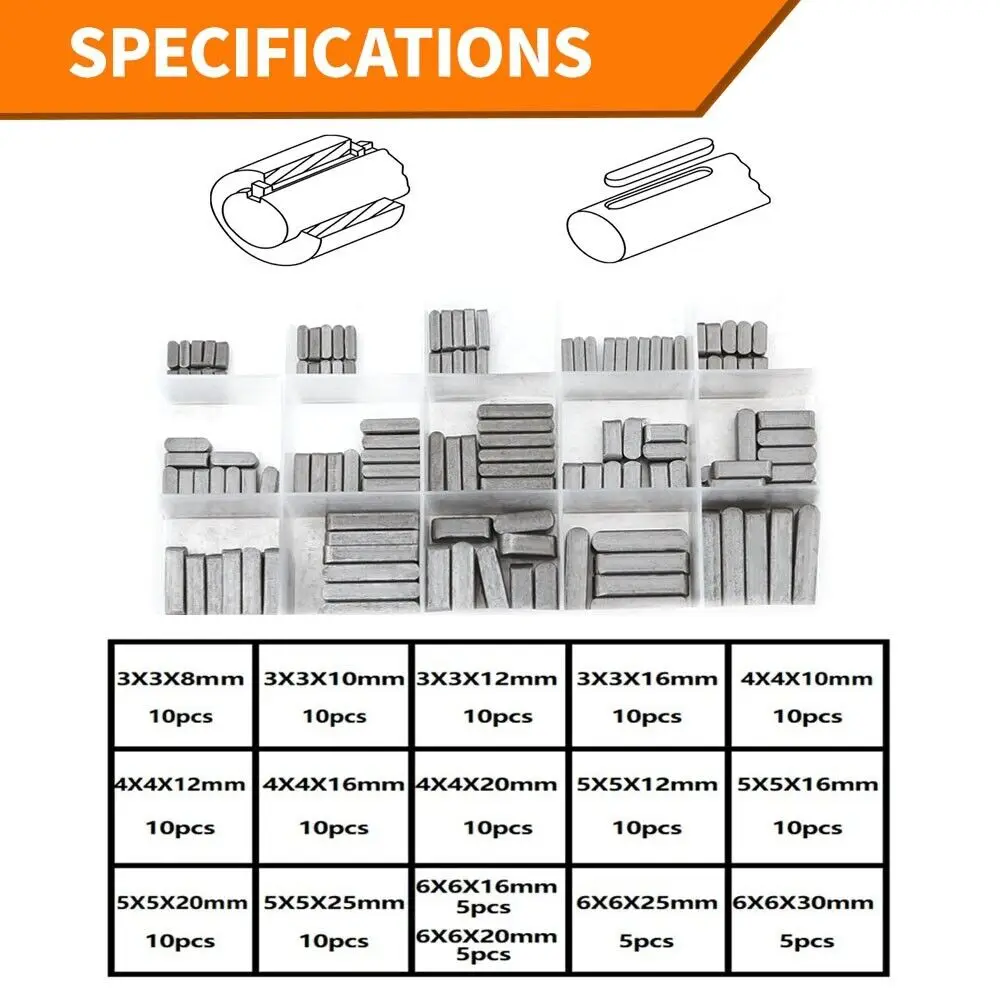 140개 라운드 엔드 깃털 키 드라이브 샤프트 평행 키 모음 8-30mm