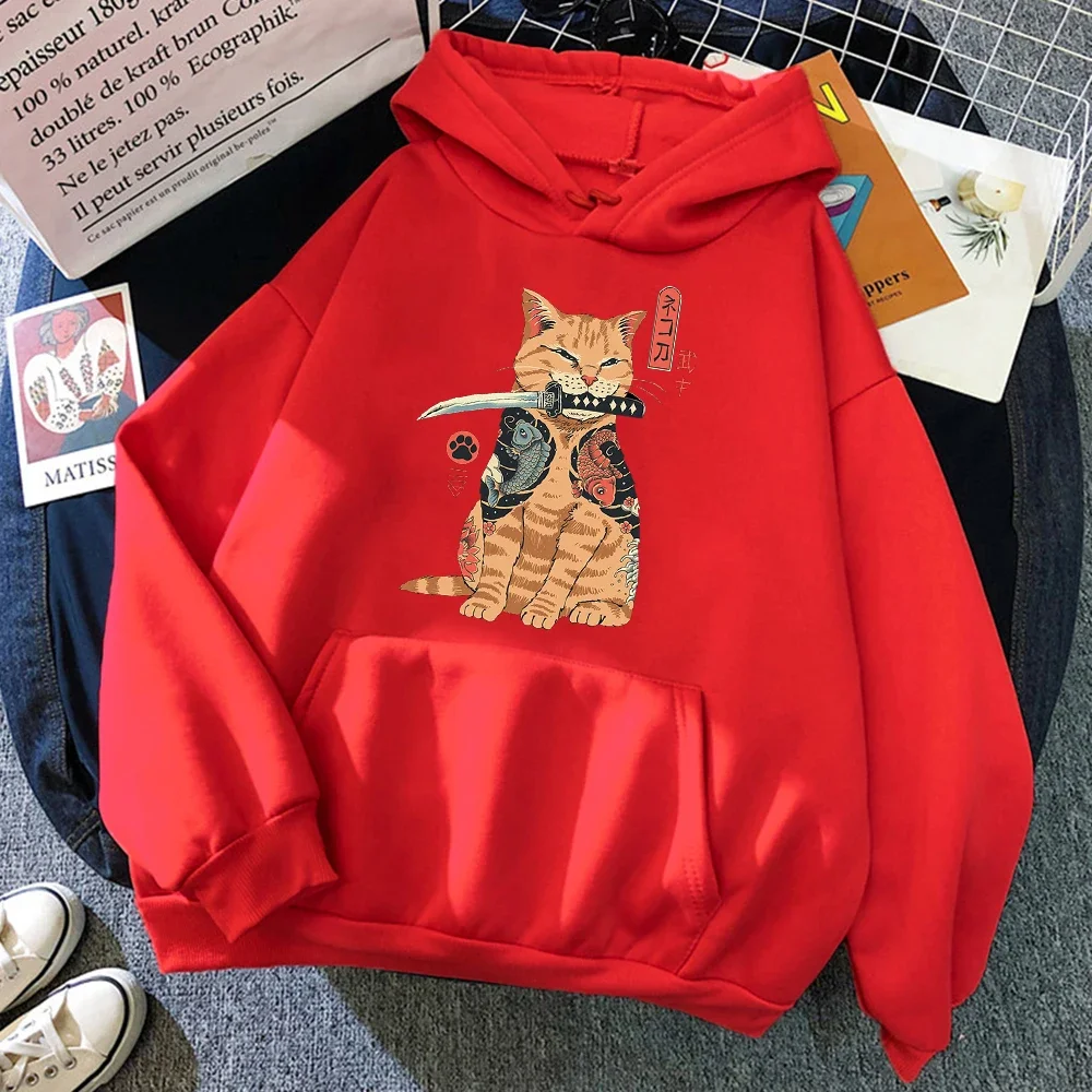 

Hip Hop Fleece Pullovers Creativity Crewneck Fleece Loose Womens Hoody Japanese Cartoons Cat Ukiyo E Print Women Hoodie