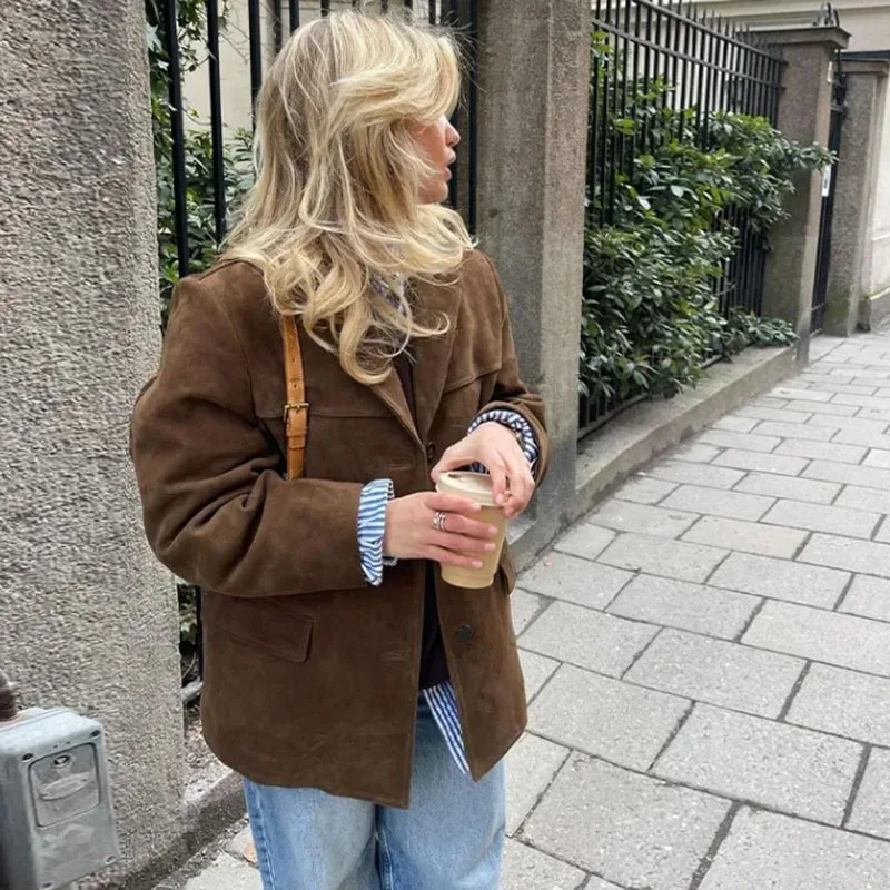 Vintage Brown Blazer Women Suede Leather Jacket Autumn Fashion Single Breasted Lapel Loose Coats Street Office Lady Outerwears 6