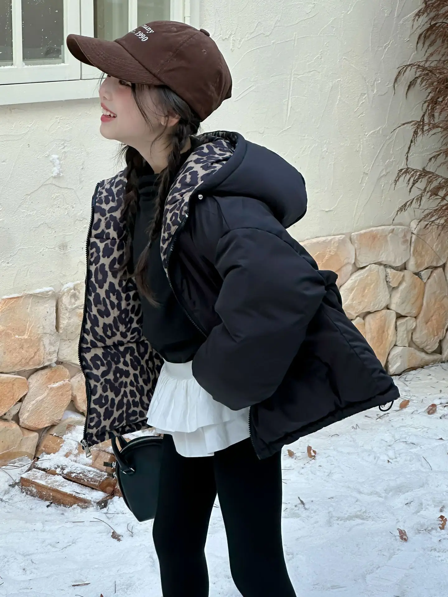 Girls Coat Autumn New Childrens Clothes Girls Baby Western-style Leopard Print Double-sided Hooded Padded Jacket