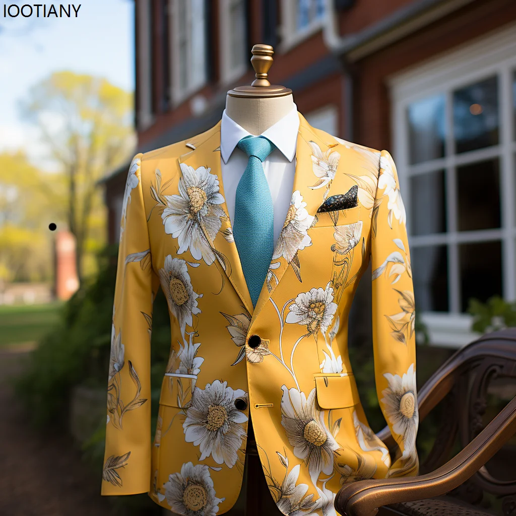 Men Blazer Colorful Flower Pattern Floral Elements 3D Printing Suit Jacket Business Casual Carnival Party