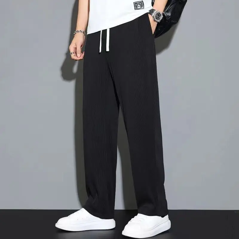 Korean Trend Summer Thin Ice Silk Elastic Striped Casual Pants Men Pocket Drawstring Versatile Loose Straight Sports Trousers