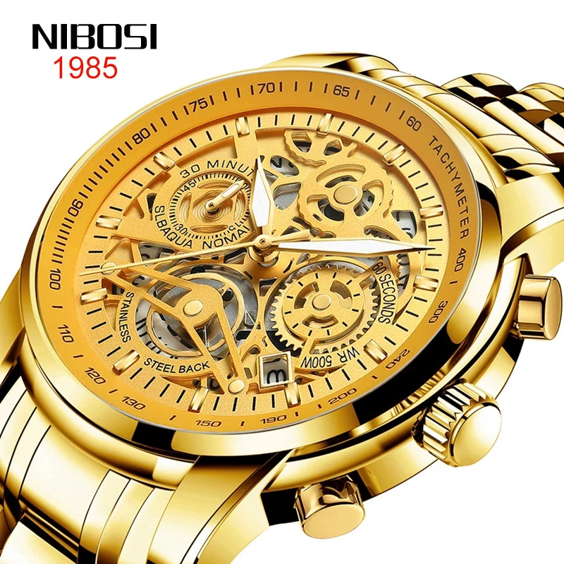 NIBOSI Quartz Watch for Men Waterproof Chronograph Sport Watches Stainless Steel Hollow Gold Wristwatches with Luminous Hands