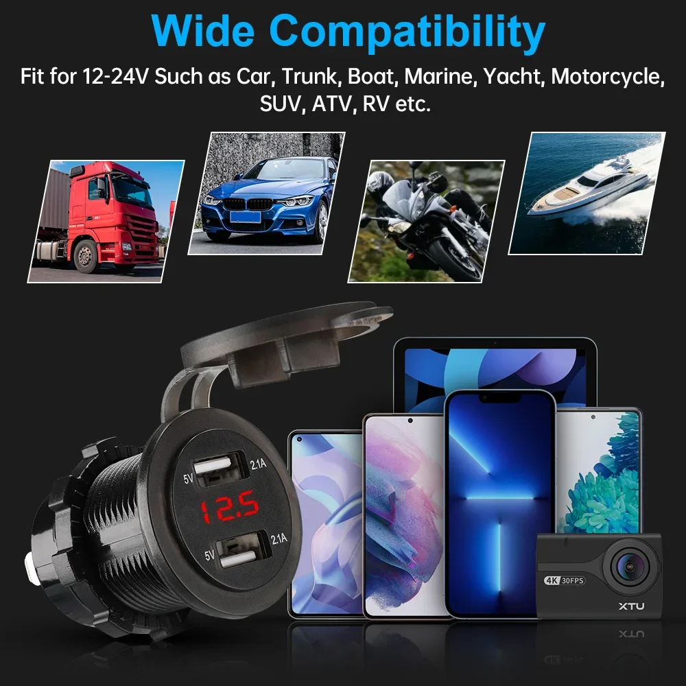 12V/24V USB Charger Motorcycle 4.2A Dual USB Cigar Lighter Socket Motorcycle Charger For Car
